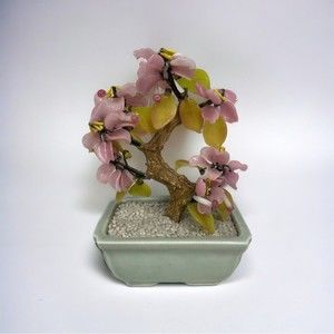 Vtg Glass Bonsai Tree Pink Flowers Artificial Plant Oriental Home Decor